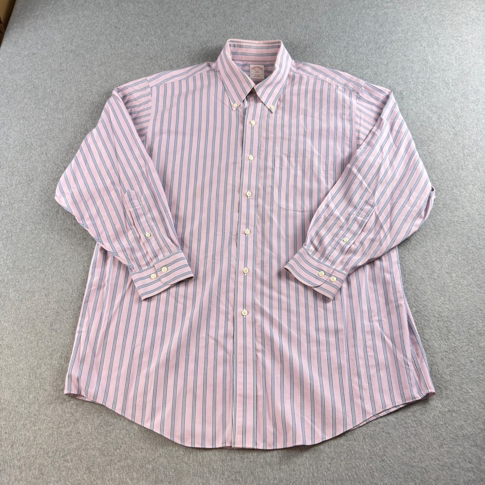 Brooks Brothers 346 Men 16.5 32/33 Pink Blue Striped Non-Iron Cotton Dress Shirt